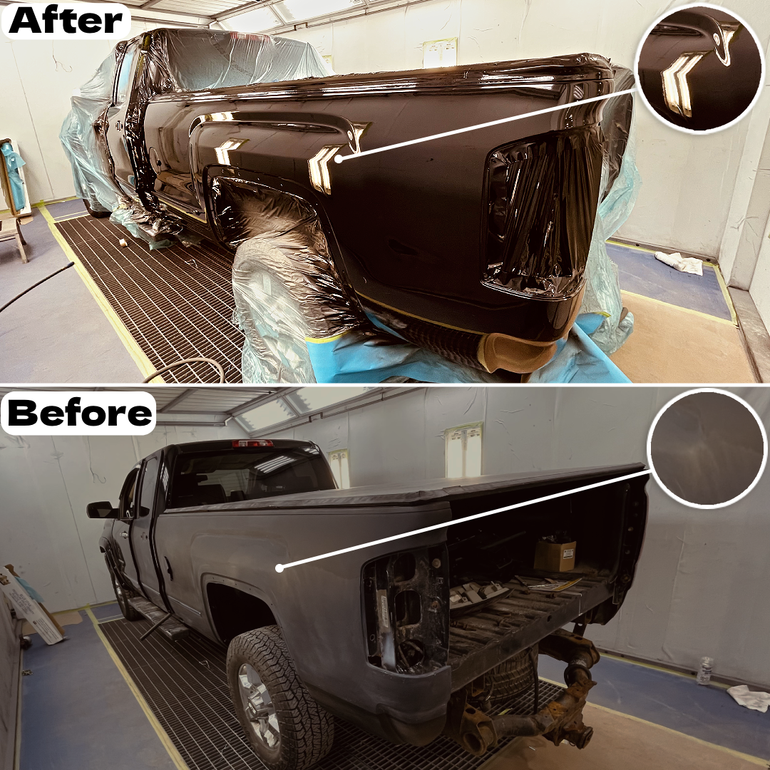 Before and after comparison of a black pickup truck bedside: unpainted primer surface below, deep glossy refinished paint above, with magnified detail circles
